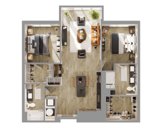 a 3d rendering of a floor plan of a house at Bemiston Place Apartments, Clayton, MO