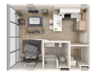 a floor plan of a studio apartment with a bedroom and a living room  at One Foundry Way, St. Louis, 63110