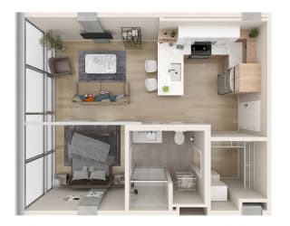 a floor plan of a studio apartment with a bedroom and a living room  at One Foundry Way, Missouri, 63110