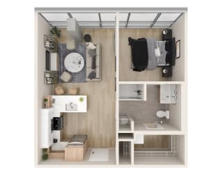 a stylized floor plan with a bedroom and a living room  at One Foundry Way, St. Louis, MO, 63110