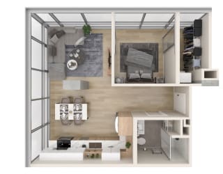 a stylized floor plan of a 1 bedroom apartment  at One Foundry Way, St. Louis, MO