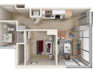 a stylized floor plan of a 1 bedroom apartment  at One Foundry Way, St. Louis, Missouri