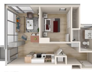 a bedroom floor plan with a living room and a dining room  at One Foundry Way, St. Louis, 63110