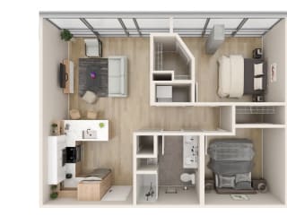 a stylized floor plan of a 1 bedroom apartment with a wheelchair  at One Foundry Way, St. Louis, 63110