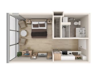 a bedroom floor plan with a bedroom and a living room  at One Foundry Way, St. Louis, MO