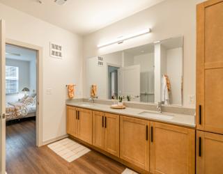 A bathroom with a sink, mirror, and wooden cabinets.