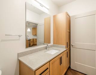 A bathroom with a sink, mirror, and wooden cabinets.