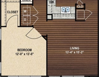 Our A1 The Lorena floor plan with one bedroom and one bath. at York Woods at Lake Murray Apartment Homes, South Carolina, 29212