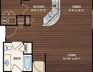 Our A2 The Savilla floor plan with one bedroom and one bath. York Woods at Lake Murray Apartment Homes in Columbia, SC.