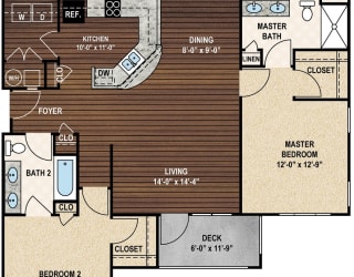 Our B2 The Doolittle floor plan with two bedrooms and two baths. York Woods at Lake Murray Apartment Homes in Columbia, SC.