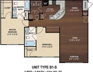 Our B1-S The Holly's Ferry floor plan with two bedrooms and two baths. at York Woods at Lake Murray Apartment Homes, Columbia