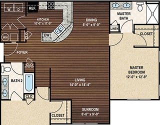 Our B2-S The Wessinger floor plan with two bedrooms and two baths. at York Woods at Lake Murray Apartment Homes, South Carolina, 29212