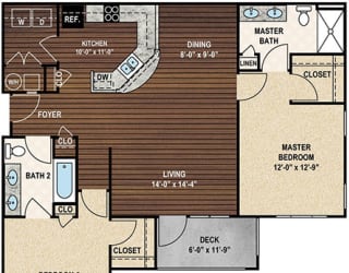 Our B2 The Doolittle floor plan with two bedrooms and two baths. at York Woods at Lake Murray Apartment Homes, South Carolina