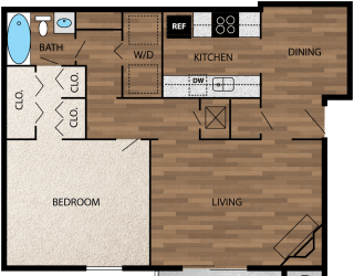 floor plan image of 750sf 1 bedroom 1 bath upgraded with wood like plank flooring