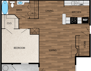 Our 843 square foot one bedroom floor plan