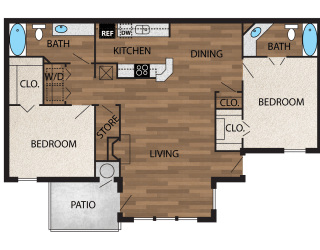 floor plan image of 1144sf 2 bedroom 2 bath upgraded with wood like plank flooring