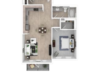 A2A one bedroom one bathroom 3D floor plan with furniture arranged