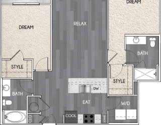 Our B3.1 two bedroom, two bath floor plan. Argento at Riverwatch Apartments in Augusta, GA.
