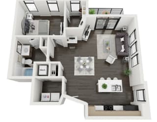 a 3d rendering of our 1 bedroom apartment at the crossings at white marsh apartments in white