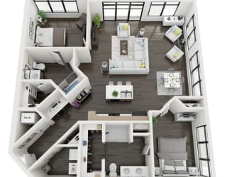 this is a 3d floor plan of a 888 square foot 1 bedroom apartment at the