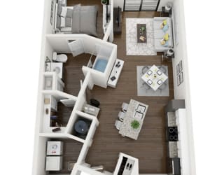 a stylized floor plan of a 1 bedroom apartment at the crossings at white marsh apartments,