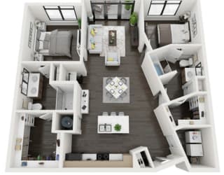 a 3d rendering of our 1 bedroom apartment at the crossings at white marsh apartments in white