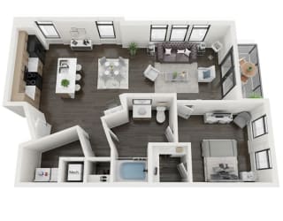 a 3d rendering of our 1 bedroom apartment at the crossings at white marsh apartments in white
