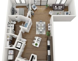 this is a 3d floor plan of a 824 square foot 1 bedroom apartment at the