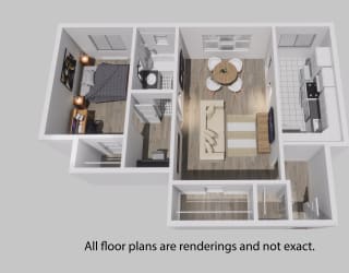 a floor plan of a small apartment with a teddy bear in the living room
