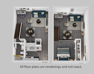 Two images of a dollhouse floor plan with furniture and a note that all floor plans are renderings and not exact.