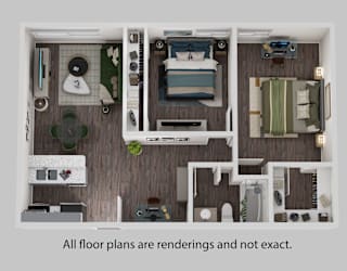 A floor plan of a house with a kitchen, living room, and two bedrooms.
