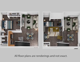 Two renderings of a floor plan with a kitchen, living room, and dining area.