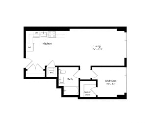 Floor Plan West Half 1 Bedroom - 1 Bath -A02