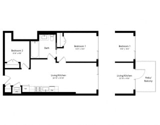Floor Plan 1205 Collection 2 Bedroom - 1 Bath | Bj3