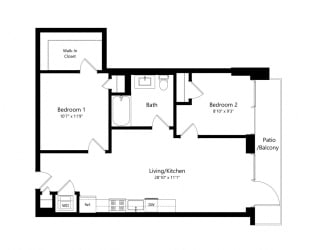 Floor Plan 1205 Collection 2 Bedroom - 1 Bath -Bj4