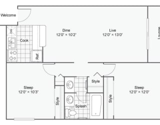 Floor Plan 2 Bed 1 Bath