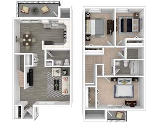 Two images of apartment layouts with furniture.