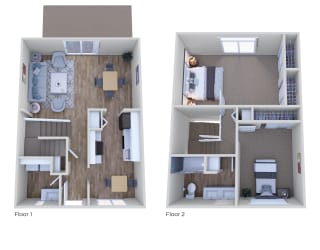 2 Bed 1 Bath TH Floor Plan at The Wesley Apartments, Denver