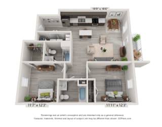 A 3d rendering of a 2 bedroom main level apartment
