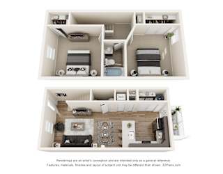 A 3D floor plan of a small apartment with two bedrooms and a living room.