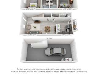 A 3d rendering of a 2 bedroom expanded townhome with a garage