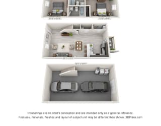 A 3d rendering of a 3 bedroom townhome with a garage