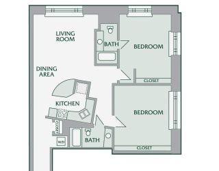 Floor Plan 2 Bedroom, 2 Bathroom - 1020 SF