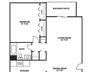 Floor Plan 1 Bedroom, 1 Bathroom - 790 SF