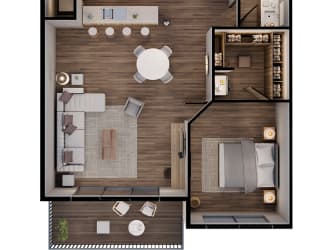 a 3d drawing of the 1st floor of a 1 bedroom apartment