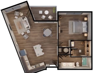 a 3d drawing of the loft with a bedroom and a living room