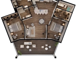 3d floor plan of a house with a bedroom and a living room