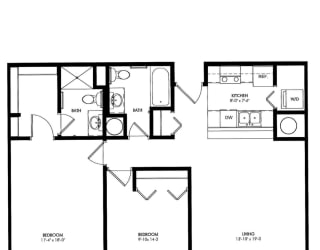 a floor plan of a 1 bedroom floor plan with a bathroom and a living room  at The Cosmopolitan, St Paul, MN, 55101
