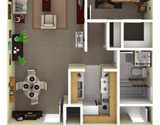floorplan of a one-bedroom 1 bathroom unit with a balcony.