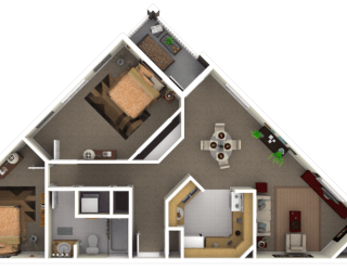 floorplan of a 2 bedroom 1 bath unit with a fireplace. This is a corner unit.